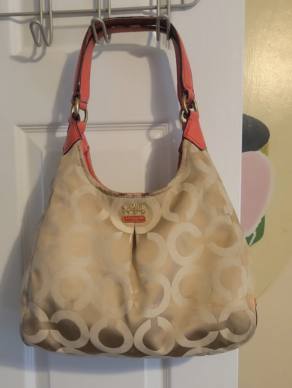 Coach; Signature Madison Op Art 'Maggie' Shoulder Bag; Minor Wear; 14x4x9in